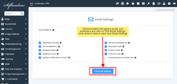 Updating Email Settings in the email section