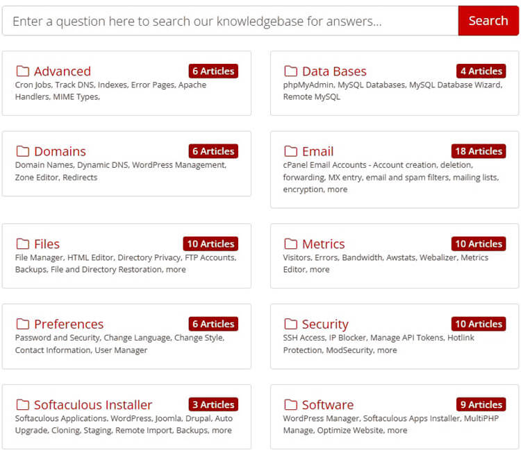 Screen Shot of the KnowledgeBase cPanel Main Page