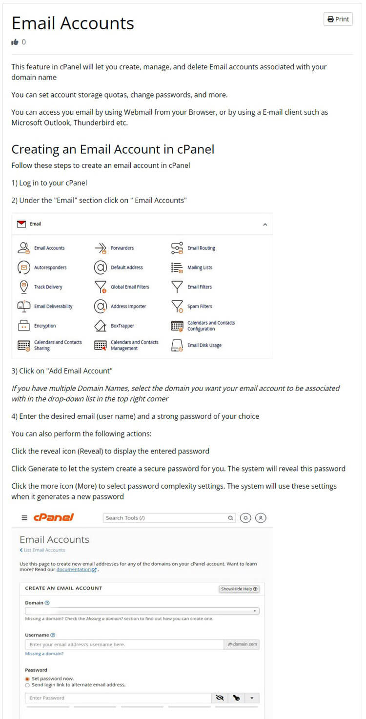 Screen Shot of the KnowledgeBase cPanel's - Email Accounts